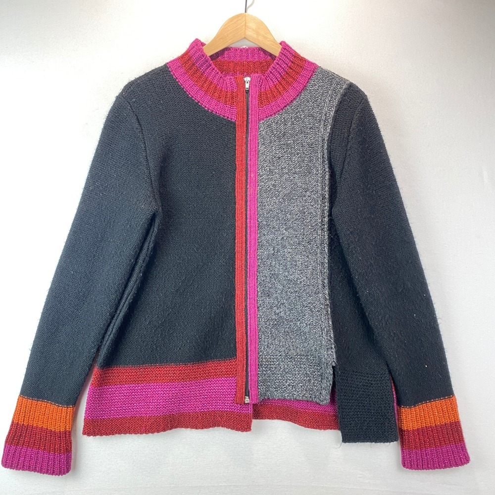 Desigual Colorblock Zip Up Cardigan Women XL Black Pink Gray Metallic Knit Spain